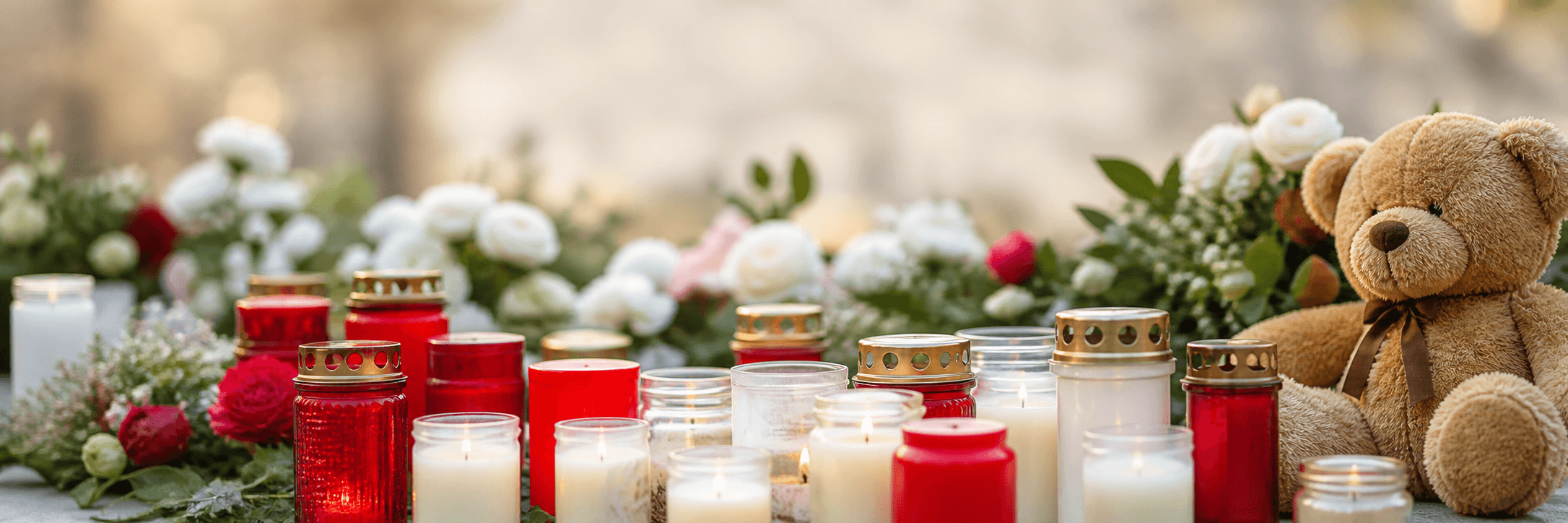 Memorial candles and flowers on a BioTribute page